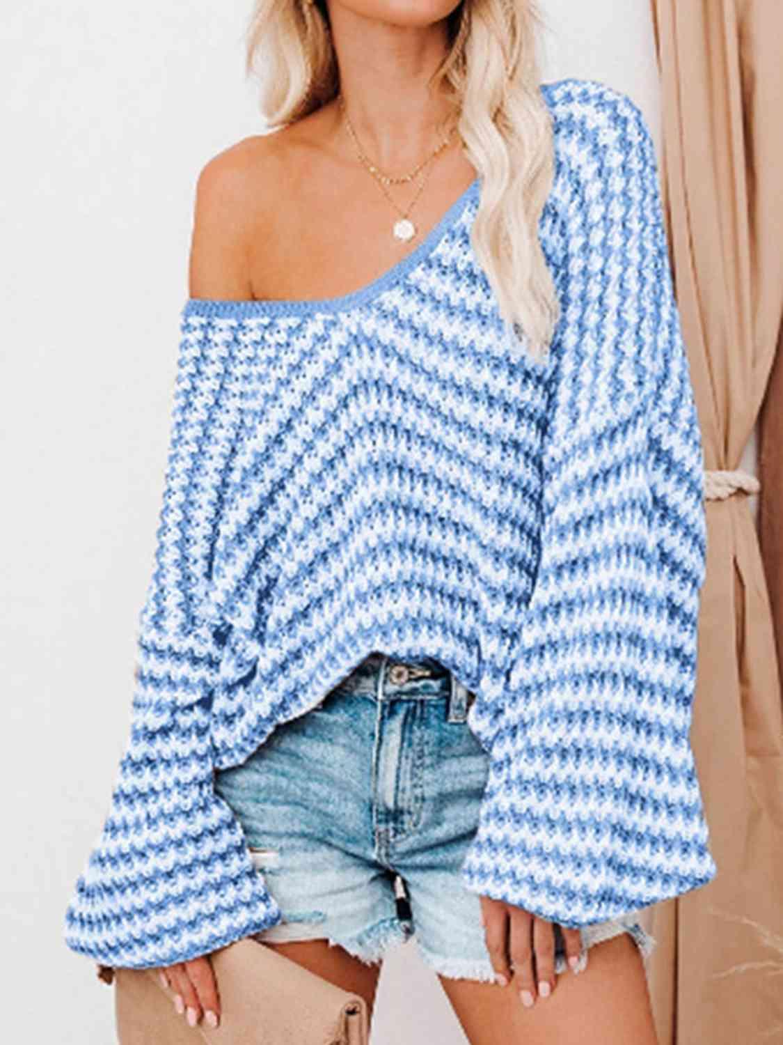 Danielle Striped Drop Shoulder V-Neck Sweater - SwagglyLife Home & Fashion
