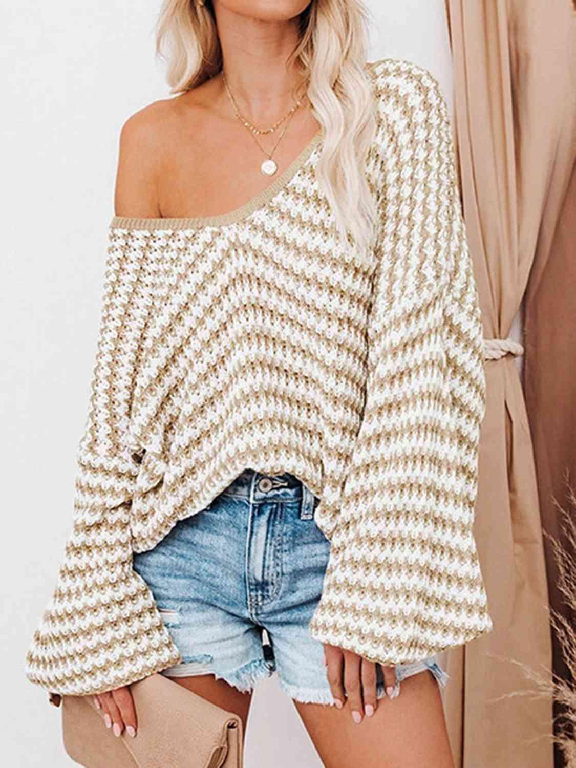 Danielle Striped Drop Shoulder V-Neck Sweater - SwagglyLife Home & Fashion