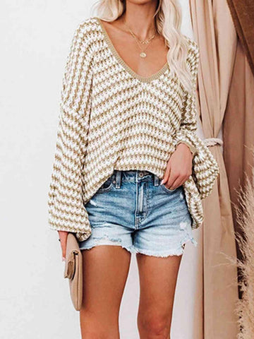 Danielle Striped Drop Shoulder V-Neck Sweater - SwagglyLife Home & Fashion