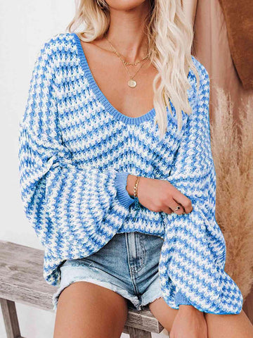 Danielle Striped Drop Shoulder V-Neck Sweater - SwagglyLife Home & Fashion