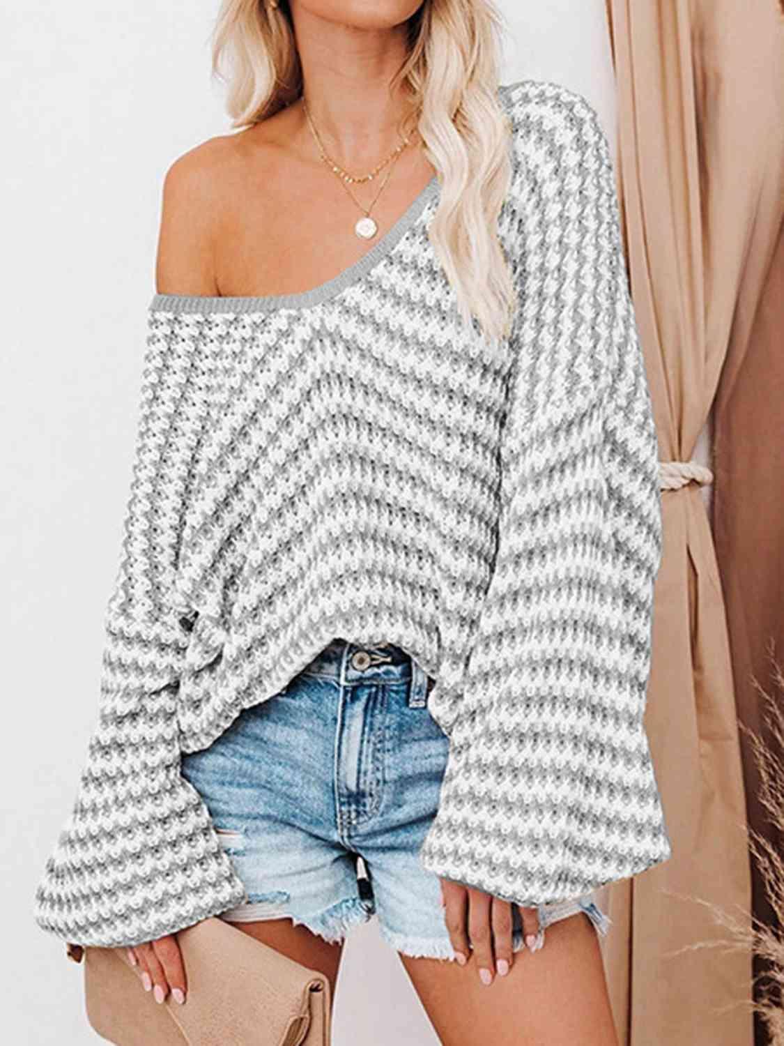 Danielle Striped Drop Shoulder V-Neck Sweater - SwagglyLife Home & Fashion