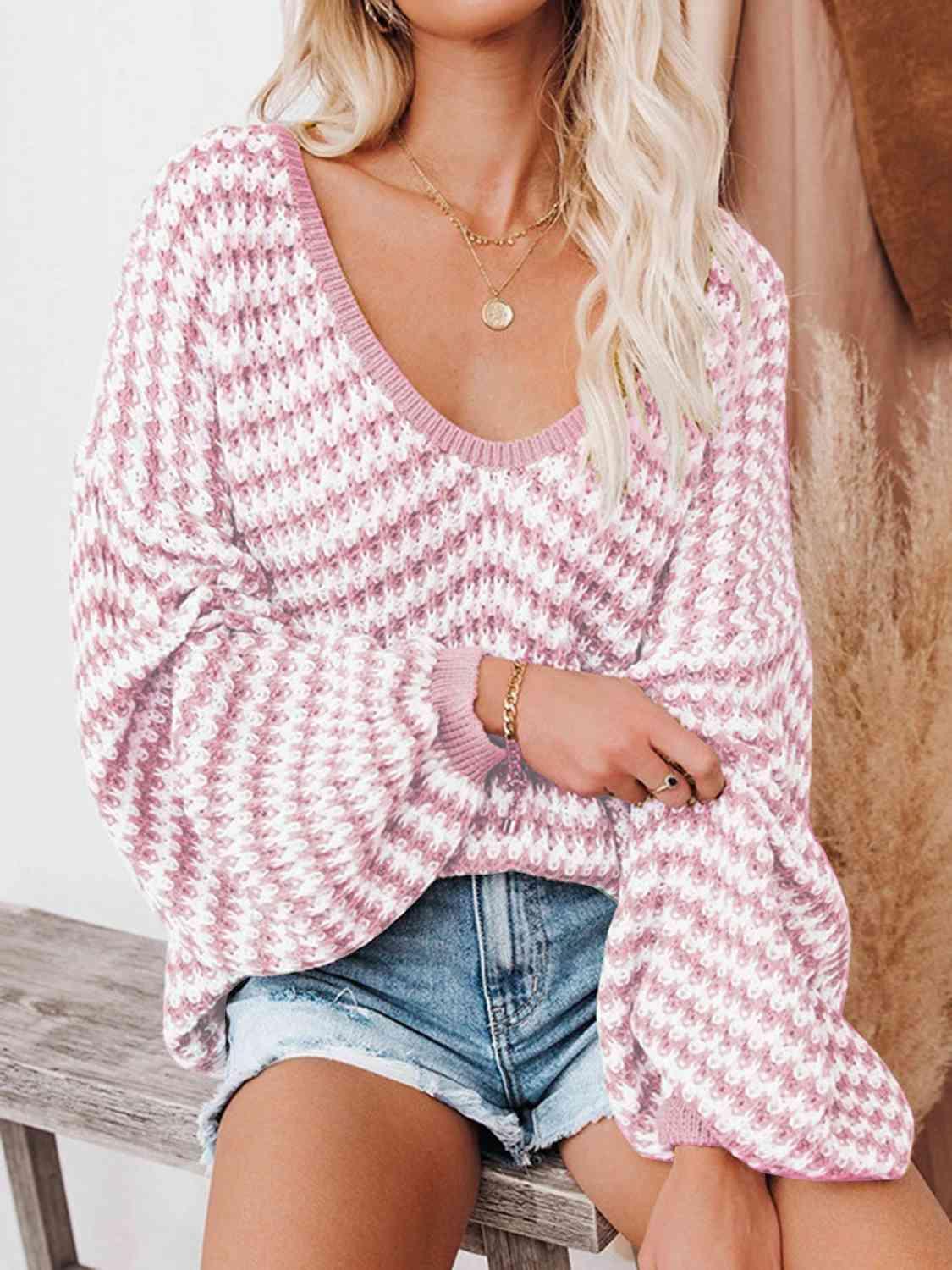 Danielle Striped Drop Shoulder V-Neck Sweater - SwagglyLife Home & Fashion