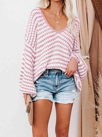 Danielle Striped Drop Shoulder V-Neck Sweater - SwagglyLife Home & Fashion