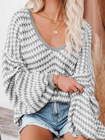 Danielle Striped Drop Shoulder V-Neck Sweater - SwagglyLife Home & Fashion