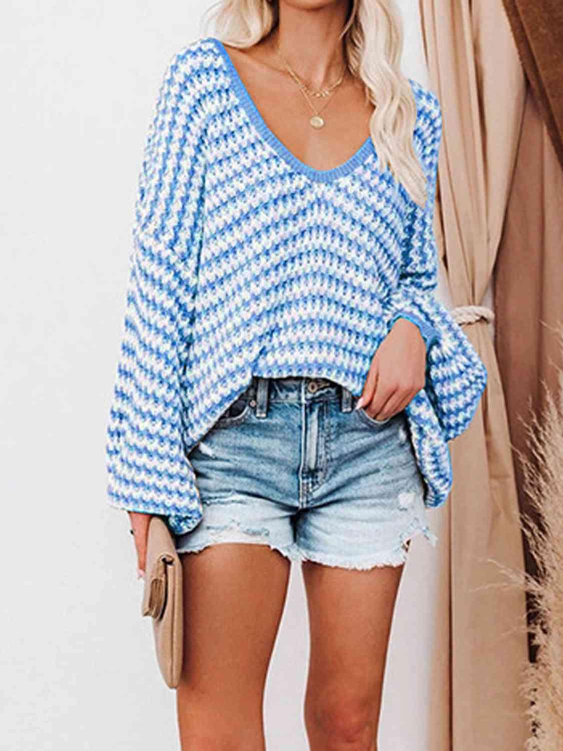 Danielle Striped Drop Shoulder V-Neck Sweater - SwagglyLife Home & Fashion