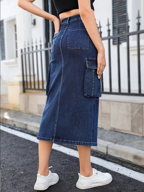 Slit Denim Skirt with Pockets - SwagglyLife Home & Fashion