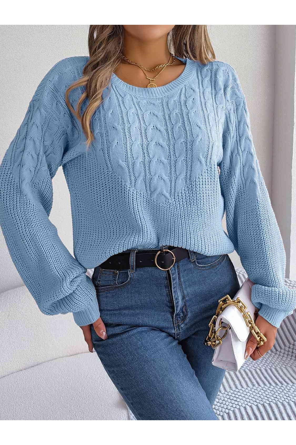 Dede Cable-Knit Round Neck Drop Shoulder Sweater - SwagglyLife Home & Fashion