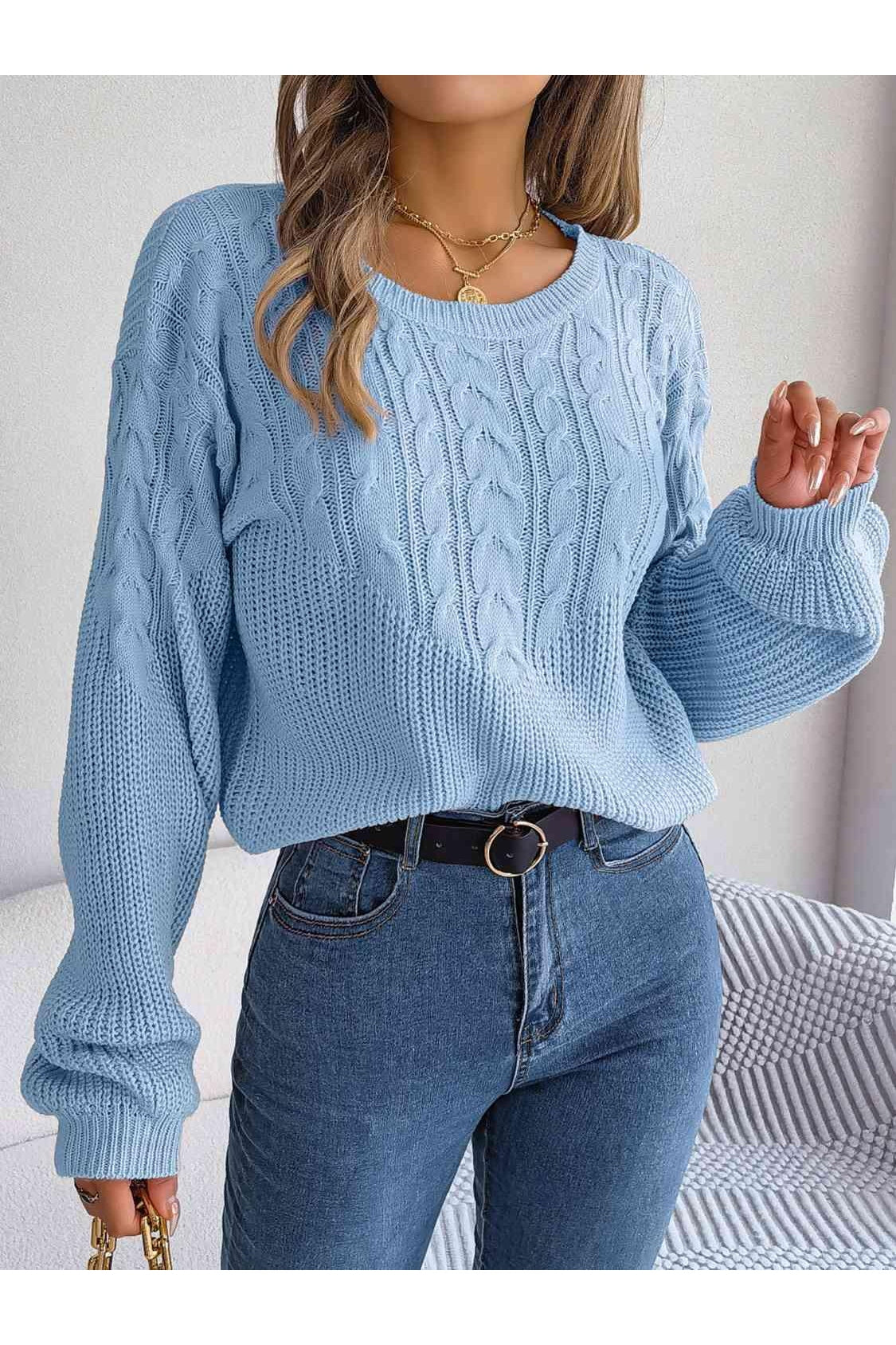 Dede Cable-Knit Round Neck Drop Shoulder Sweater - SwagglyLife Home & Fashion