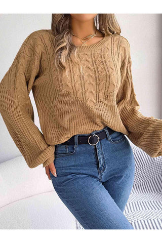 Dede Cable-Knit Round Neck Drop Shoulder Sweater - SwagglyLife Home & Fashion