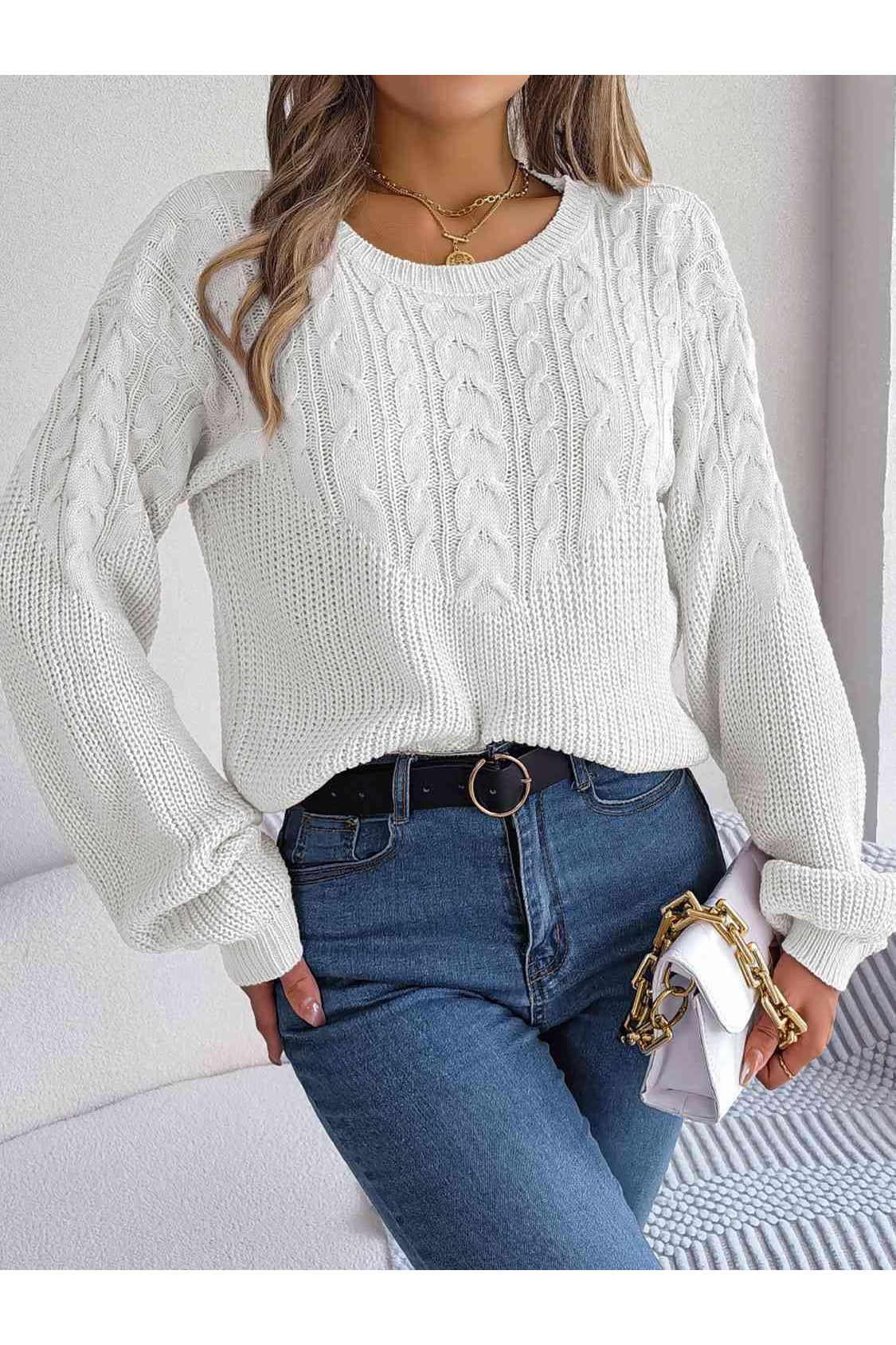 Dede Cable-Knit Round Neck Drop Shoulder Sweater - SwagglyLife Home & Fashion