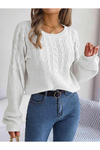 Dede Cable-Knit Round Neck Drop Shoulder Sweater - SwagglyLife Home & Fashion