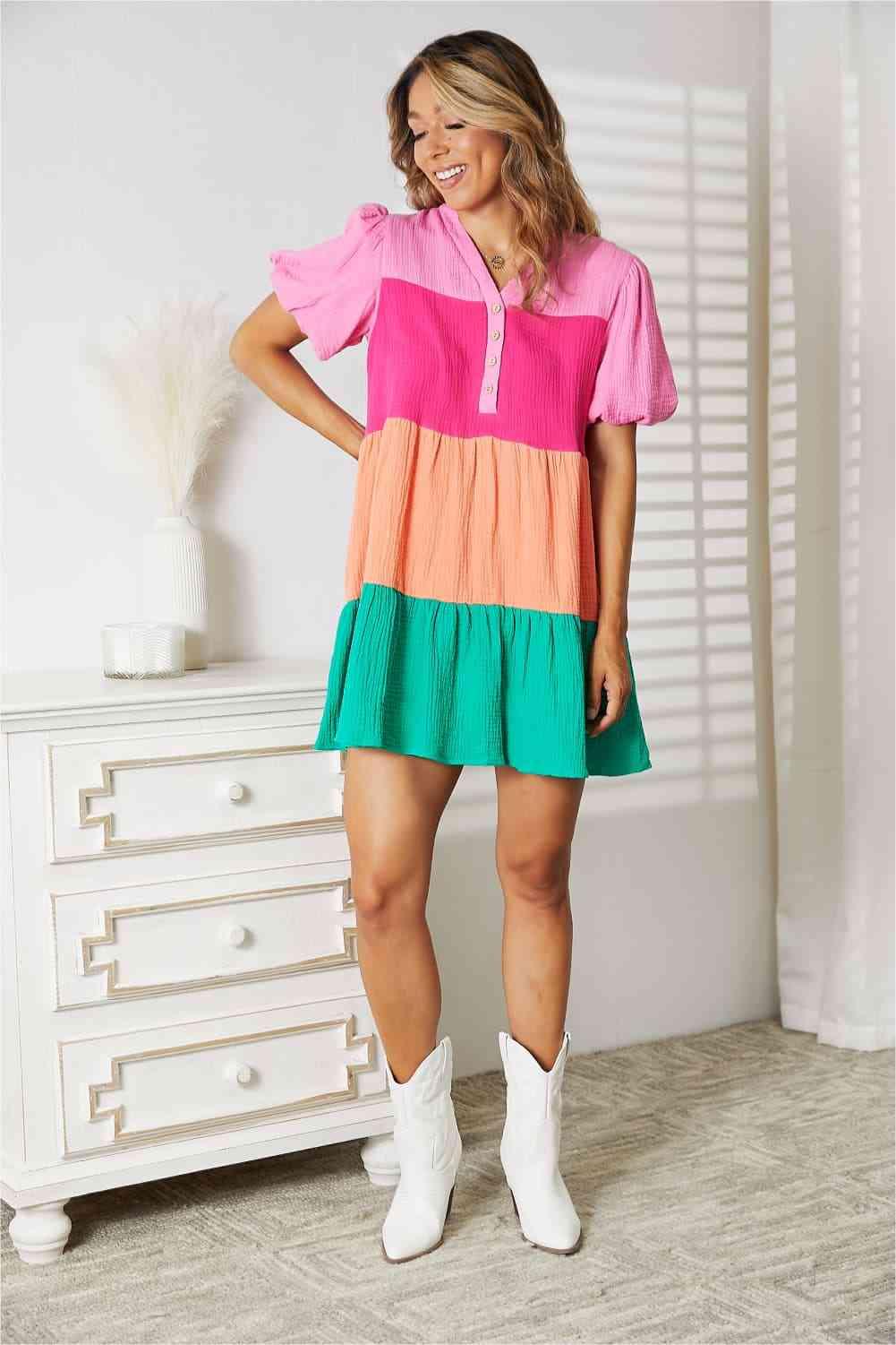Double Take Color Block Buttoned Puff Sleeve Dress - SwagglyLife Home & Fashion