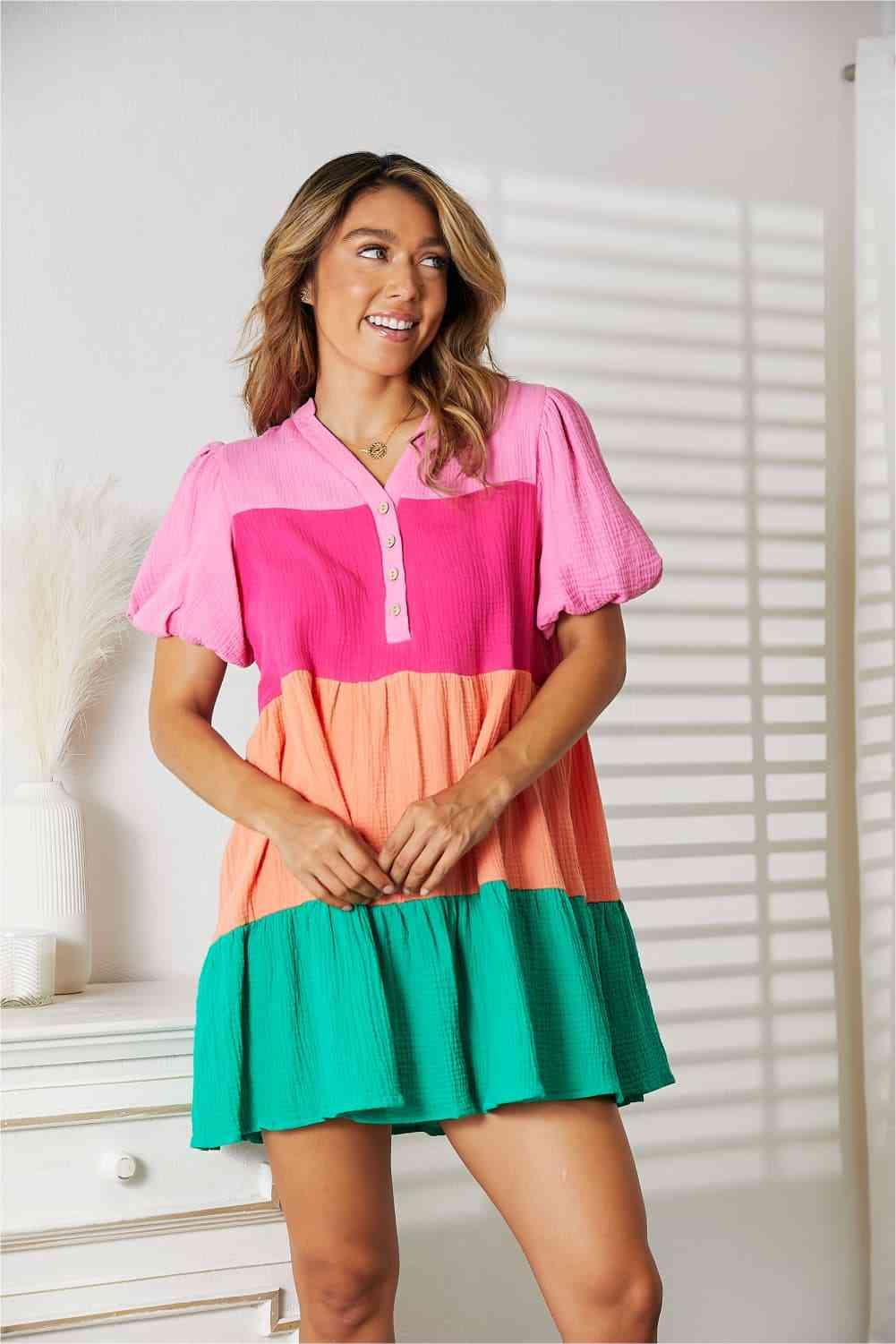 Double Take Color Block Buttoned Puff Sleeve Dress - SwagglyLife Home & Fashion