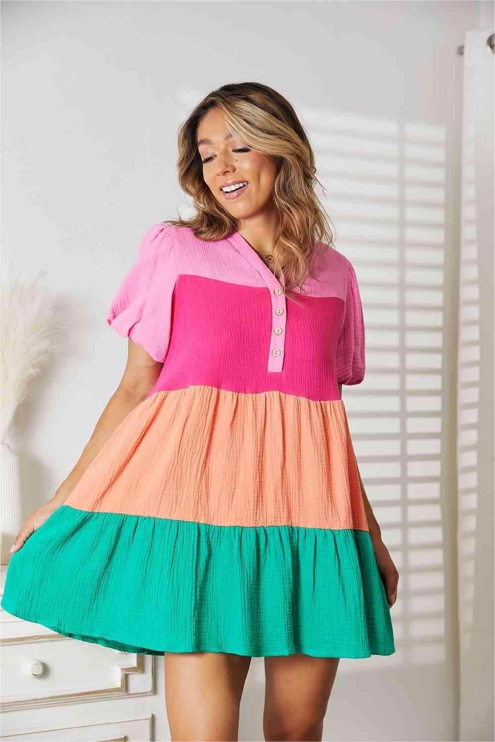 Double Take Color Block Buttoned Puff Sleeve Dress - SwagglyLife Home & Fashion