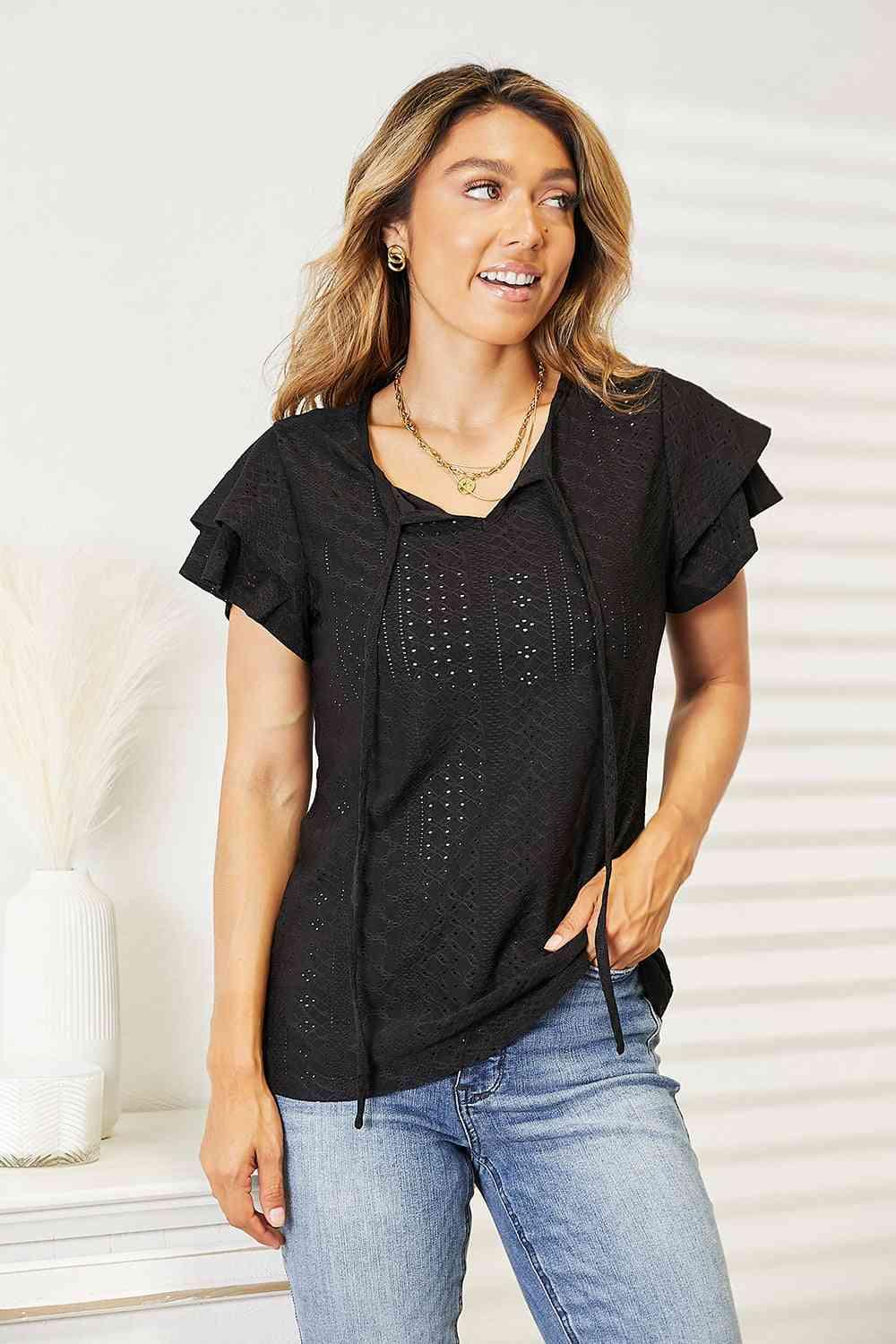 Double Take Eyelet Tie-Neck Flutter Sleeve Blouse - SwagglyLife Home & Fashion