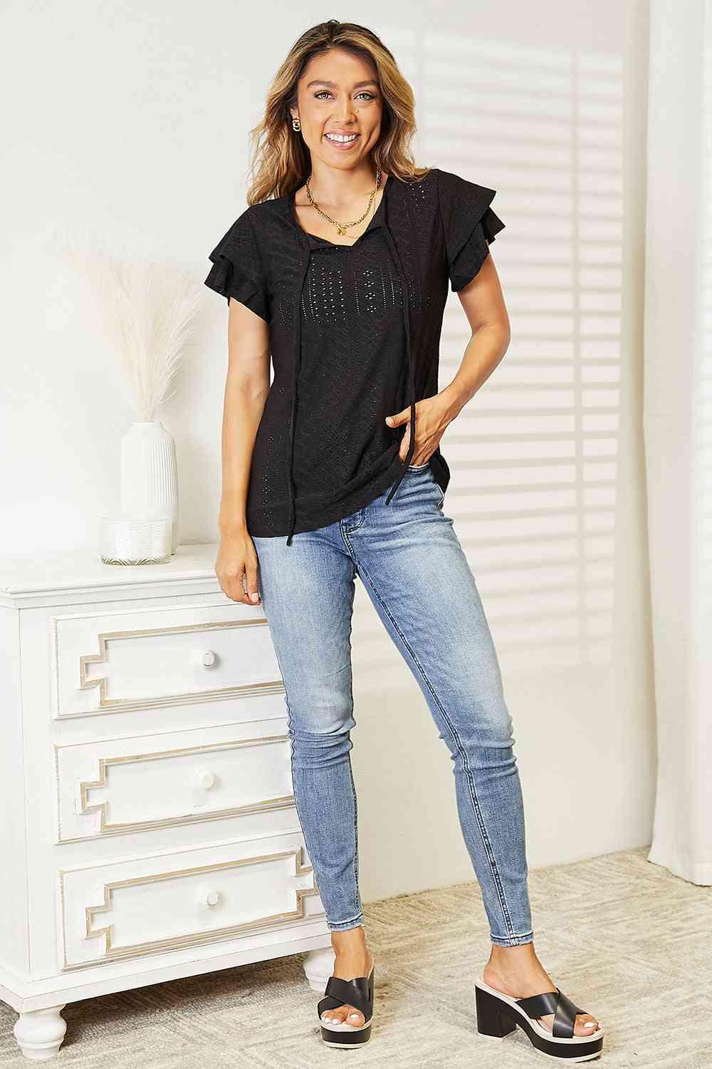 Double Take Eyelet Tie-Neck Flutter Sleeve Blouse - SwagglyLife Home & Fashion