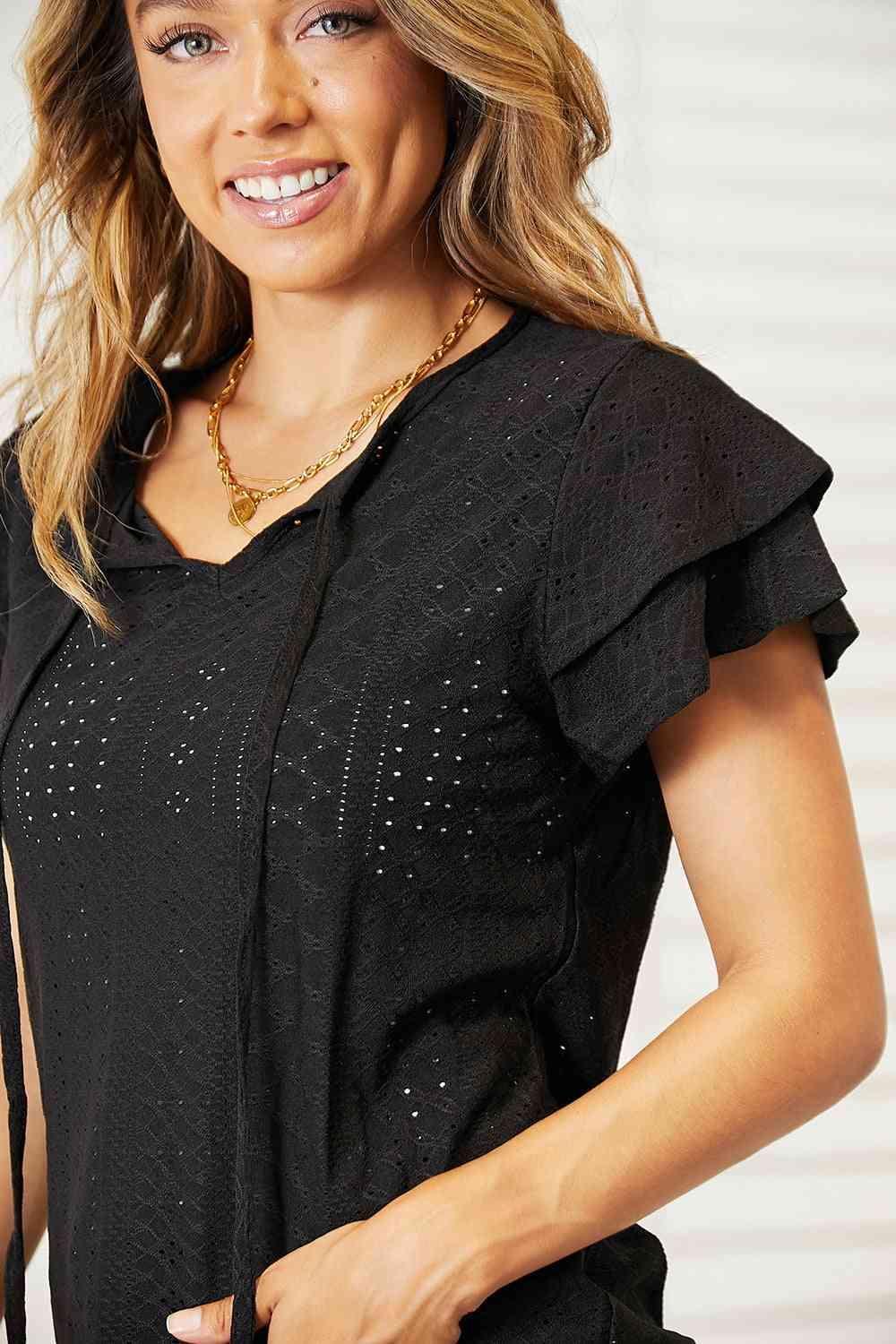 Double Take Eyelet Tie-Neck Flutter Sleeve Blouse - SwagglyLife Home & Fashion