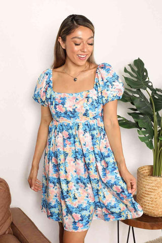 Double Take Floral Square Neck Puff Sleeve Dress - SwagglyLife Home & Fashion