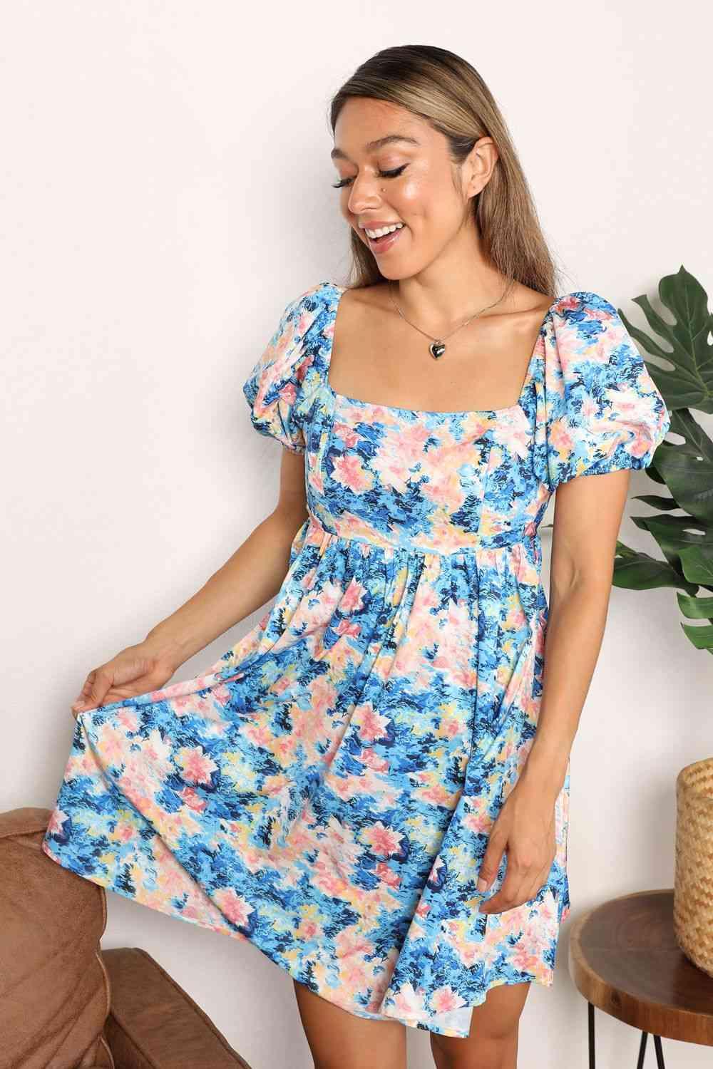 Double Take Floral Square Neck Puff Sleeve Dress - SwagglyLife Home & Fashion