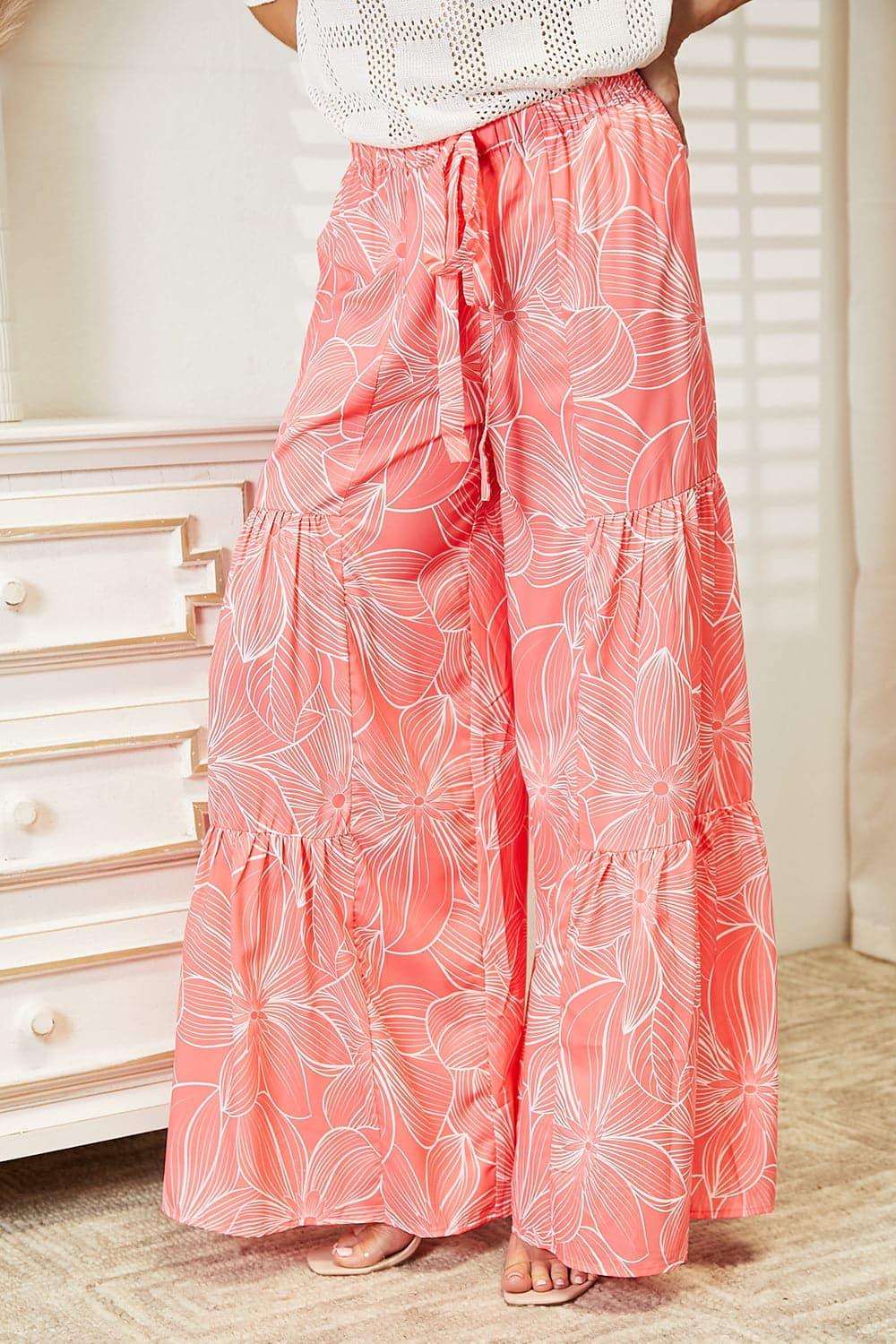 Double Take Floral Tiered Wide Leg Pants - SwagglyLife Home & Fashion