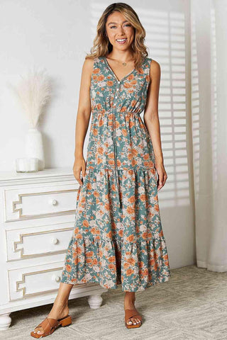 Double Take Floral V-Neck Tiered Sleeveless Dress - SwagglyLife Home & Fashion