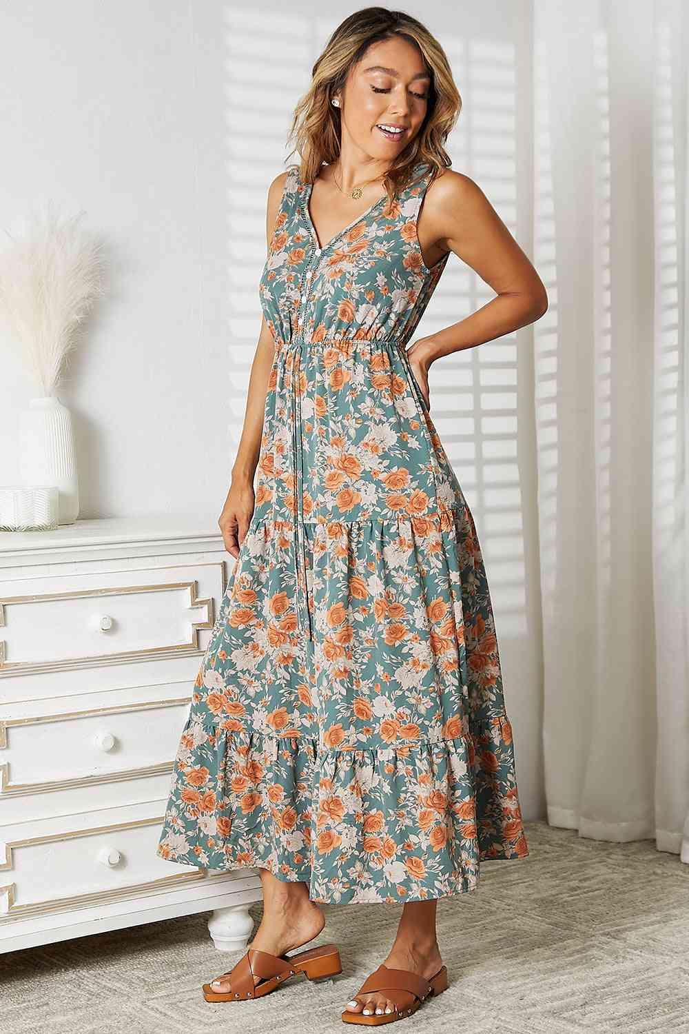 Double Take Floral V-Neck Tiered Sleeveless Dress - SwagglyLife Home & Fashion