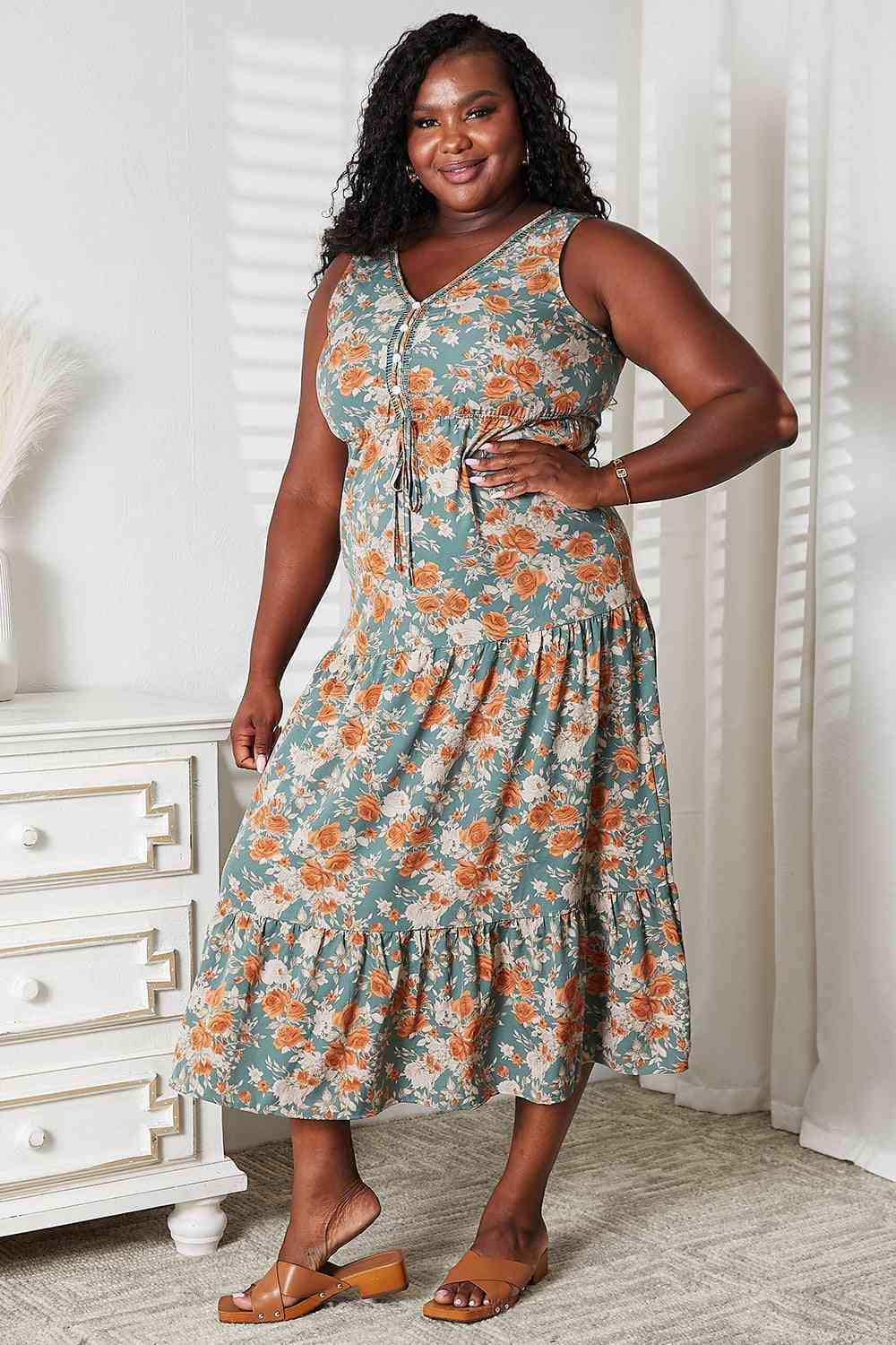 Double Take Floral V-Neck Tiered Sleeveless Dress - SwagglyLife Home & Fashion