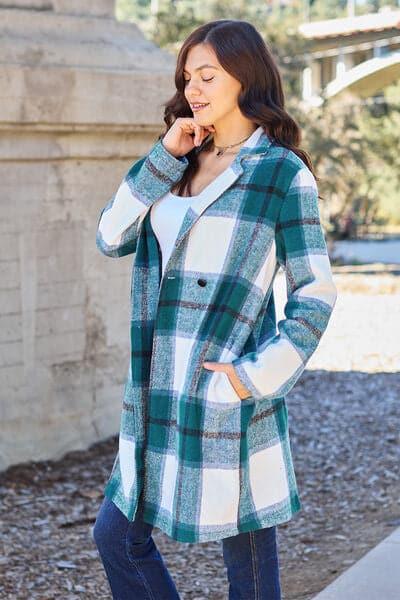 Double Take Full Size Plaid Button Up Lapel Collar Coat - SwagglyLife Home & Fashion