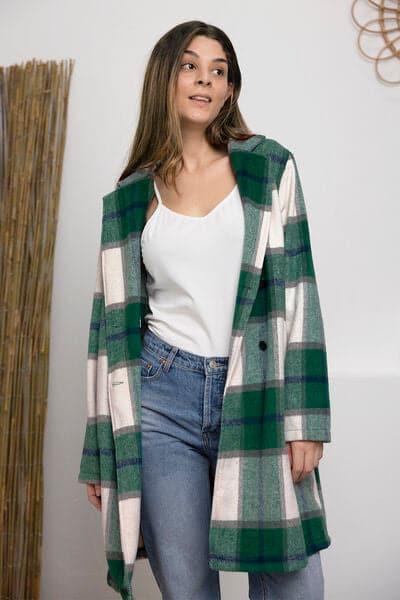 Double Take Full Size Plaid Button Up Lapel Collar Coat - SwagglyLife Home & Fashion