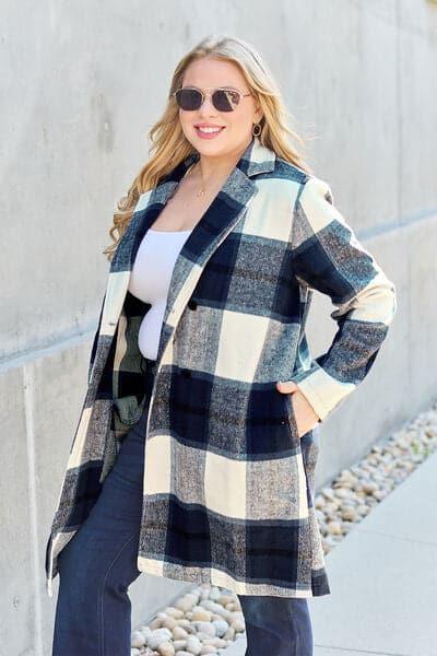 Double Take Full Size Plaid Button Up Lapel Collar Coat - SwagglyLife Home & Fashion