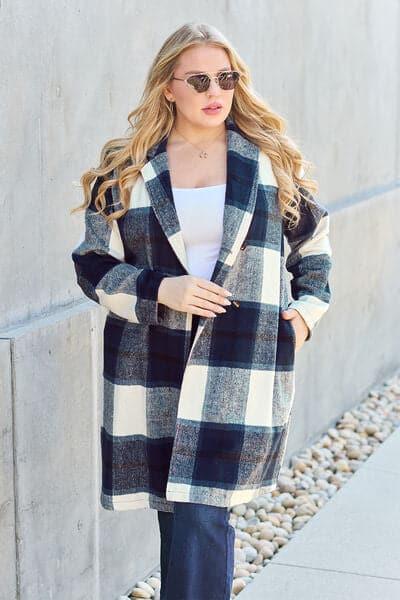 Double Take Full Size Plaid Button Up Lapel Collar Coat - SwagglyLife Home & Fashion