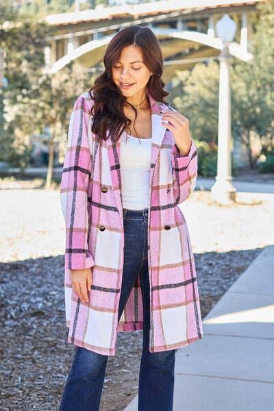 Double Take Full Size Plaid Button Up Lapel Collar Coat - SwagglyLife Home & Fashion