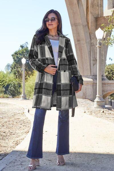 Double Take Full Size Plaid Button Up Lapel Collar Coat - SwagglyLife Home & Fashion