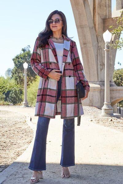 Double Take Full Size Plaid Button Up Lapel Collar Coat - SwagglyLife Home & Fashion