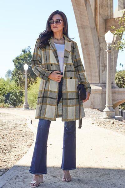 Double Take Full Size Plaid Button Up Lapel Collar Coat - SwagglyLife Home & Fashion