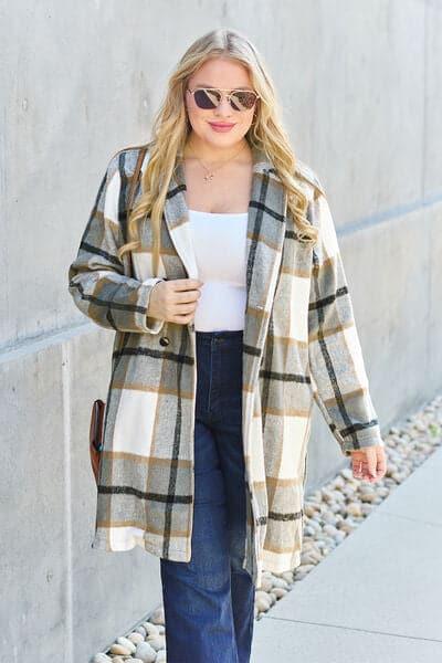 Double Take Full Size Plaid Button Up Lapel Collar Coat - SwagglyLife Home & Fashion