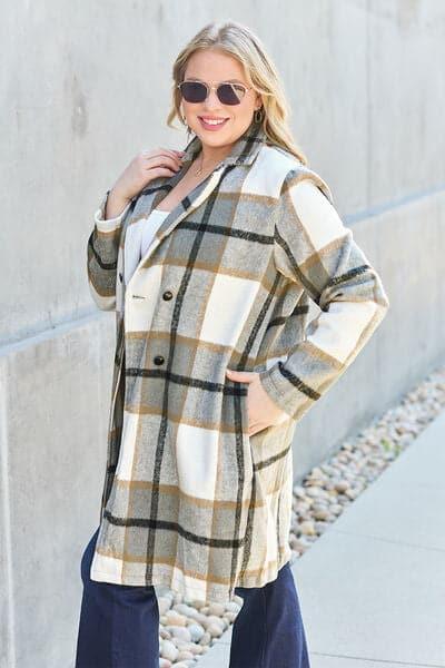 Double Take Full Size Plaid Button Up Lapel Collar Coat - SwagglyLife Home & Fashion