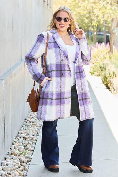 Double Take Full Size Plaid Button Up Lapel Collar Coat - SwagglyLife Home & Fashion