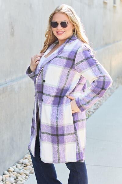 Double Take Full Size Plaid Button Up Lapel Collar Coat - SwagglyLife Home & Fashion