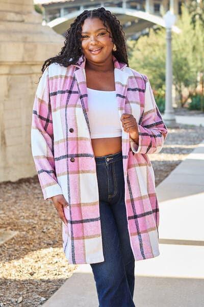 Double Take Full Size Plaid Button Up Lapel Collar Coat - SwagglyLife Home & Fashion