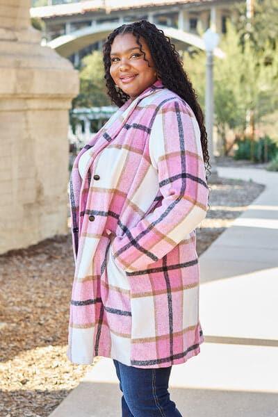 Double Take Full Size Plaid Button Up Lapel Collar Coat - SwagglyLife Home & Fashion