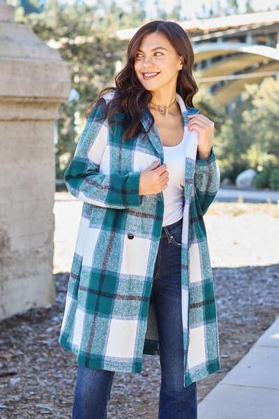 Double Take Full Size Plaid Button Up Lapel Collar Coat - SwagglyLife Home & Fashion