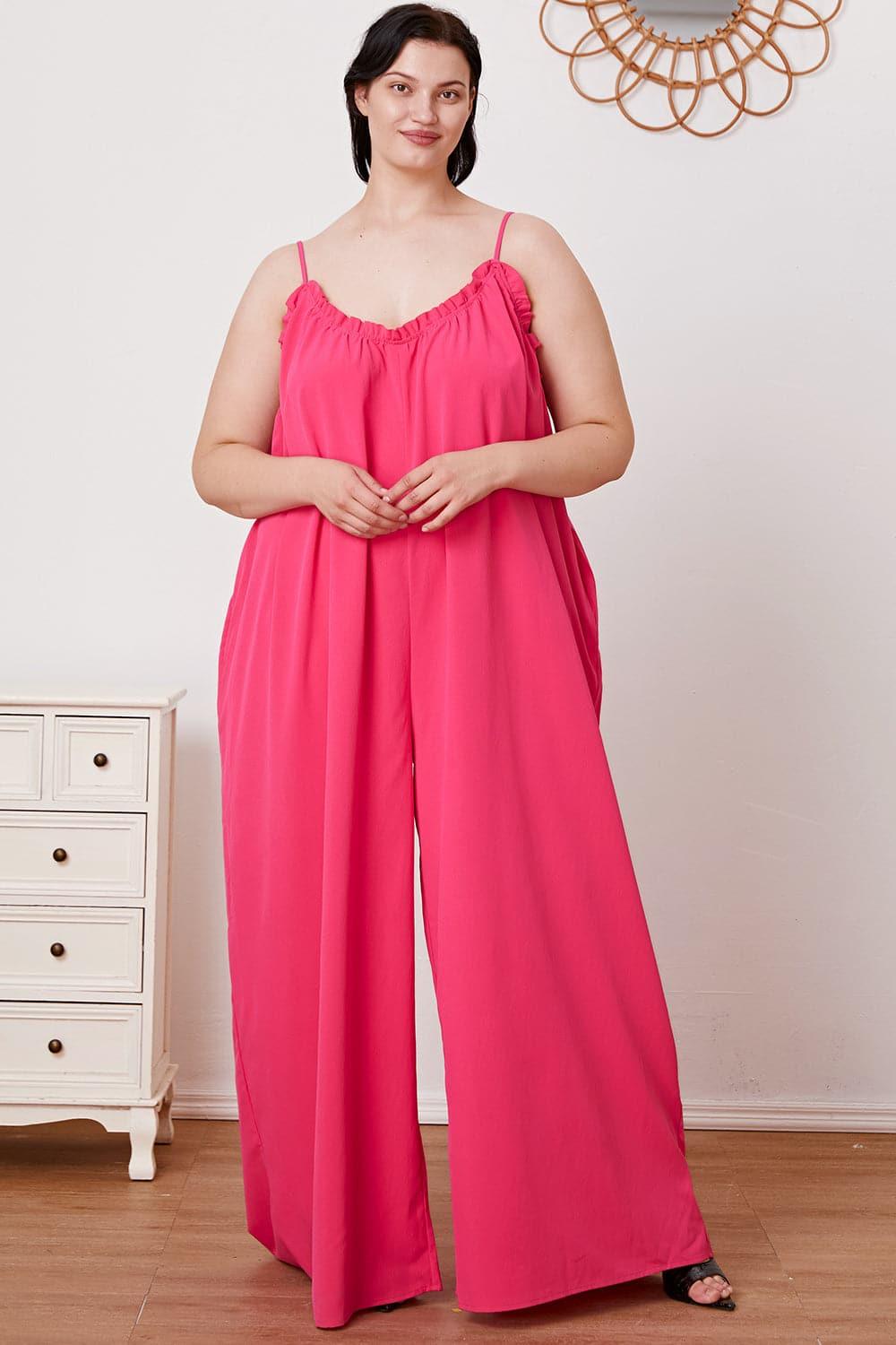 Double Take Full Size Ruffle Trim Tie Back Cami Jumpsuit with Pockets - SwagglyLife Home & Fashion