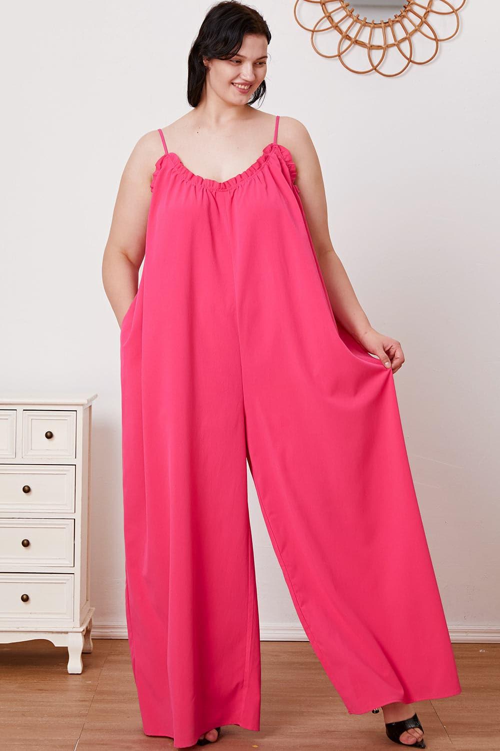 Double Take Full Size Ruffle Trim Tie Back Cami Jumpsuit with Pockets - SwagglyLife Home & Fashion