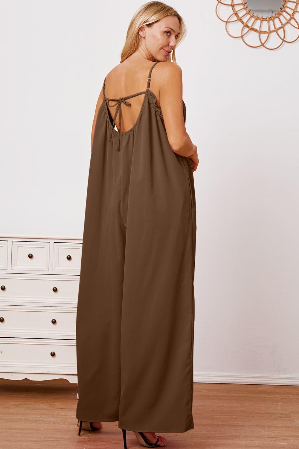 Double Take Full Size Ruffle Trim Tie Back Cami Jumpsuit with Pockets - SwagglyLife Home & Fashion