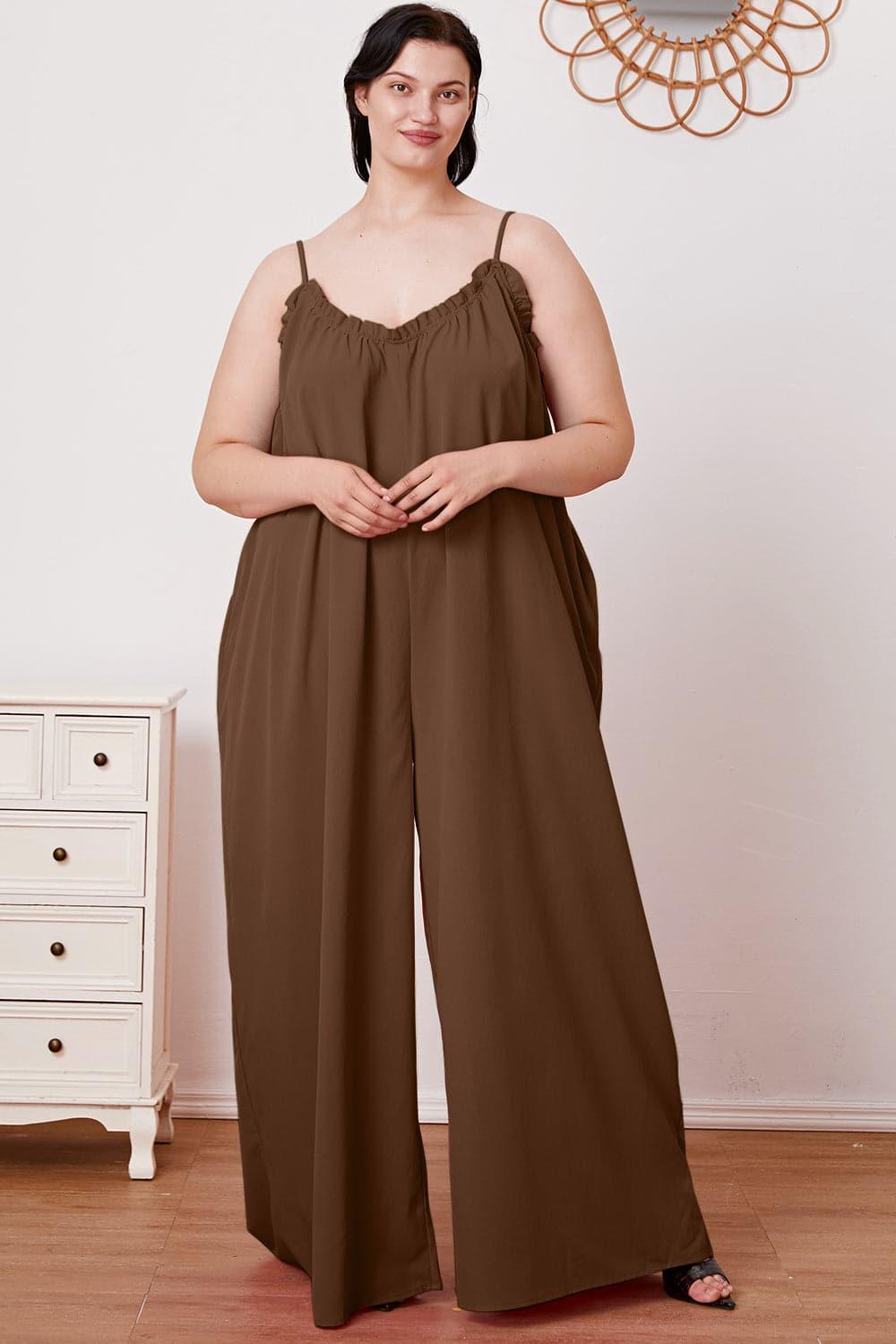 Double Take Full Size Ruffle Trim Tie Back Cami Jumpsuit with Pockets - SwagglyLife Home & Fashion