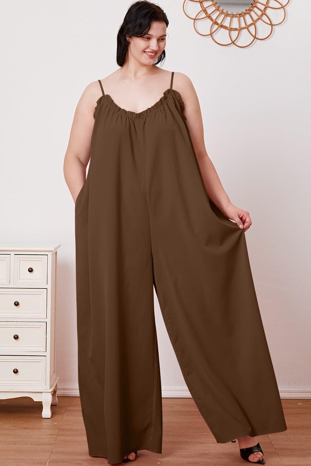 Double Take Full Size Ruffle Trim Tie Back Cami Jumpsuit with Pockets - SwagglyLife Home & Fashion