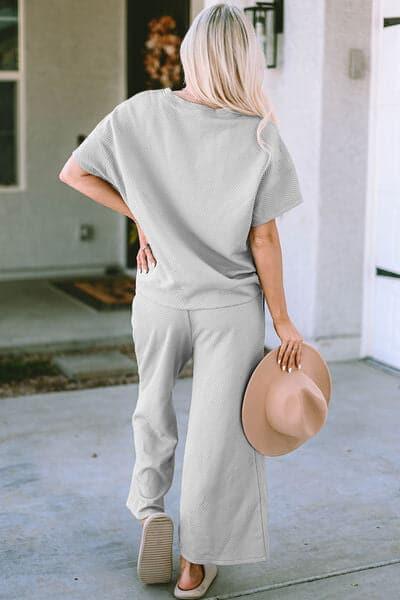 Double Take Full Size Texture Short Sleeve Top and Pants Set - SwagglyLife Home & Fashion