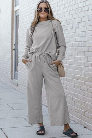 Double Take Full Size Textured Long Sleeve Top and Drawstring Pants Set - SwagglyLife Home & Fashion