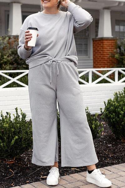 Double Take Full Size Textured Long Sleeve Top and Drawstring Pants Set - SwagglyLife Home & Fashion